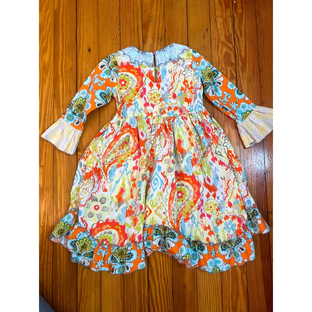 Sage & Lilly Girls Orange Paisley Floral Ruffle Boutique Dress Long Sleeve Sz 5 - Picture 9 of 10
